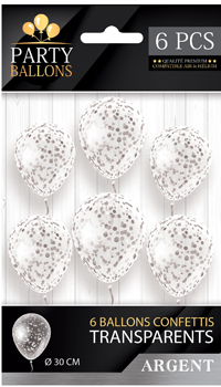 BALLONS AVEC CONFETTIS ARGENT, LOT DE 6 - Guirlandes, lampions, ballons, déco - Fêtes - Fêtes et anniversaires - Fête en Fête - Déguisements, mariages, baptêmes, articles de fête, halloween 