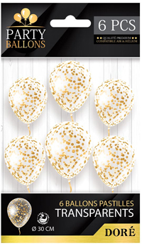 BALLONS AVEC CONFETTIS OR, LOT DE 6 - Guirlandes, lampions, ballons, déco - Fêtes - Fêtes et anniversaires - Fête en Fête - Déguisements, mariages, baptêmes, articles de fête, halloween 