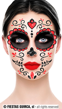 TATOUAGES VISAGE SANTA MUERTE A PAILLETTES - Maquillage halloween - Halloween - Fête en Fête - Déguisements, mariages, baptêmes, articles de fête, halloween 