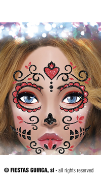 TATOUAGES VISAGE SANTA MUERTE A PAILLETTES - Maquillage halloween - Halloween - Fête en Fête - Déguisements, mariages, baptêmes, articles de fête, halloween 