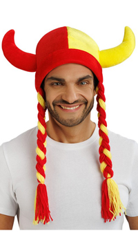 CHAPEAU A CORNES ET TRESSES ROUGE ET JAUNE - Accessoires du supporter - Articles supporters et drapeaux - Fête en Fête - Déguisements, mariages, baptêmes, articles de fête, halloween 