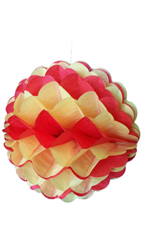 BOULE PAPIER FESTONNEE D25cm ROUGE/JAUNE - Décorations catalanes - Catalans - Articles supporters et drapeaux - Fête en Fête - Déguisements, mariages, baptêmes, articles de fête, halloween 